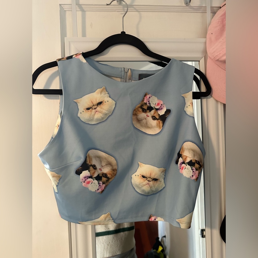 Forever 21 F21 Eric + Lani Cats Cutout Graphic Print Crop Top Shirt Women L